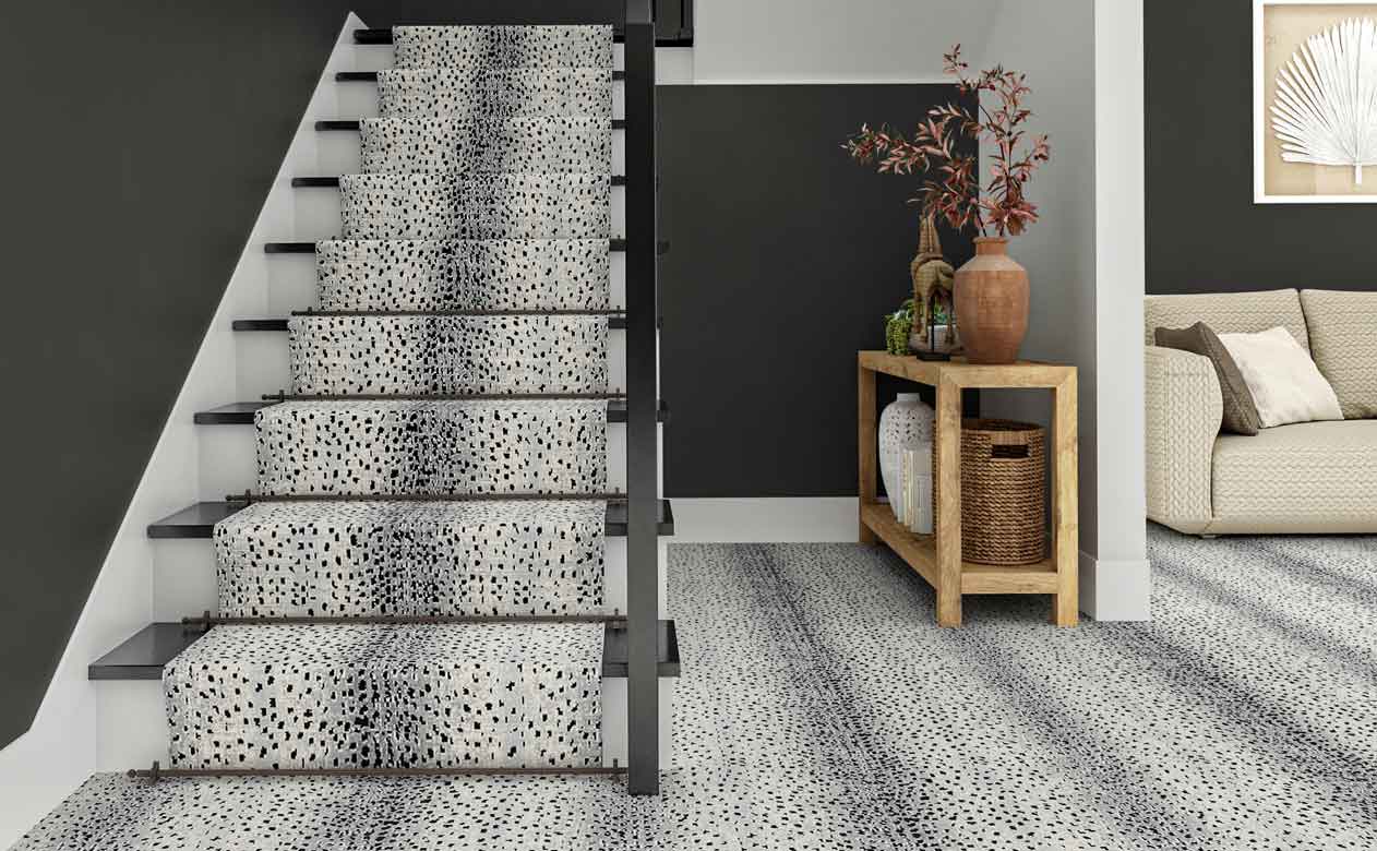 black and white animal printed stair runner and carpet