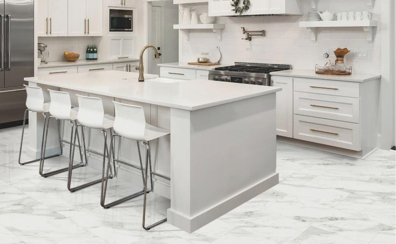 White countertops in a kitchen with white cabinetry