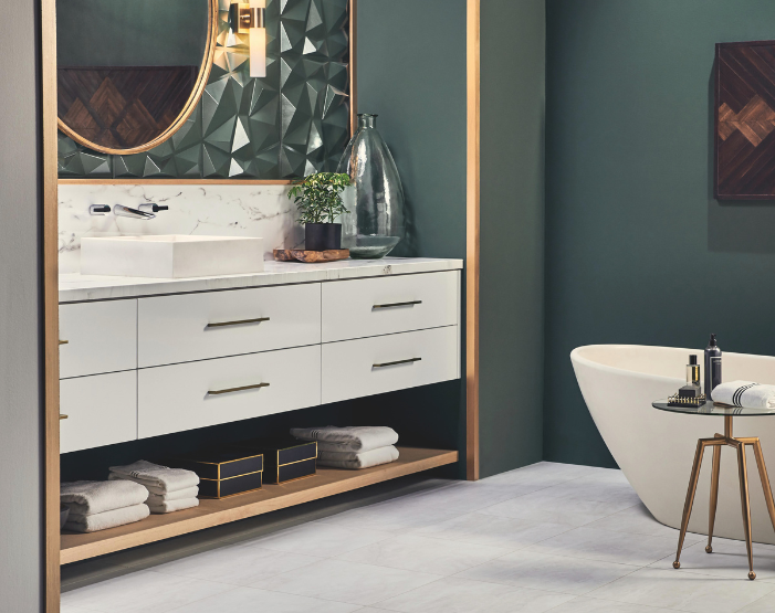 White tile flooring in a bathroom display at NEFK Kiba Studios
