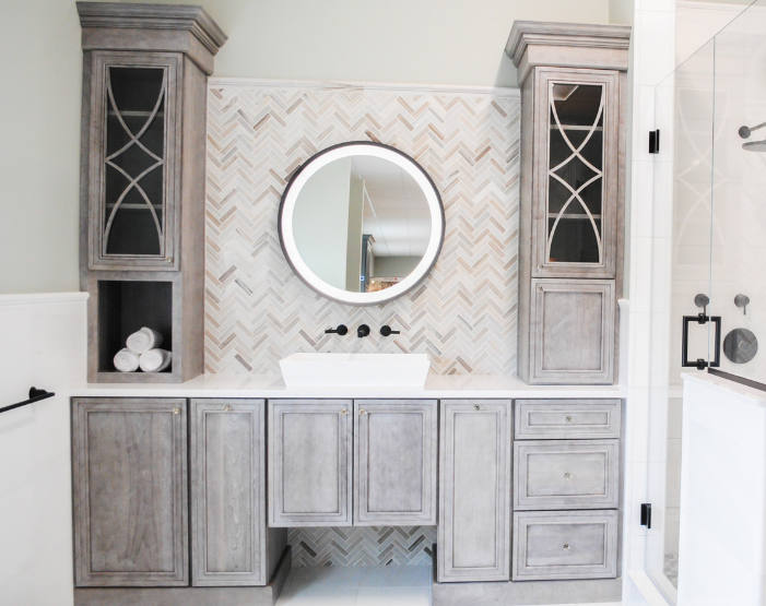 vanity cabinets in a bathroom display at NEFK Kiba Studios